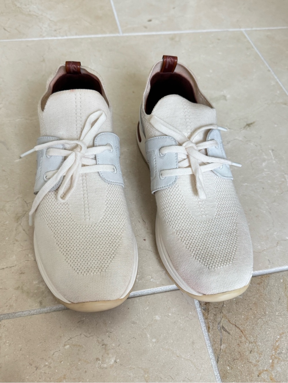 Loro Piana Women's Lace-Up Knit Sneakers in Cream and Brown